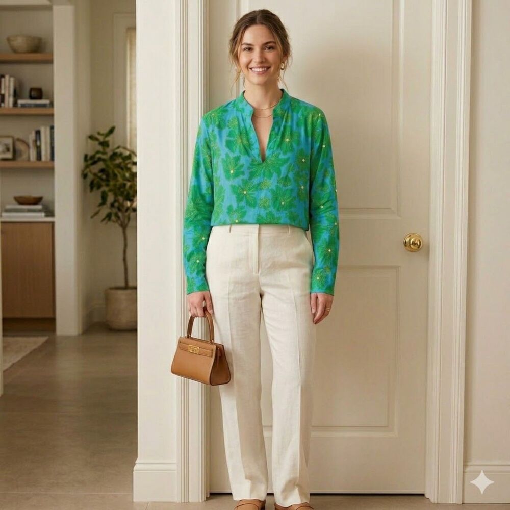Tory Burch Sequin Floral Cotton Tunic Blouse Size 10